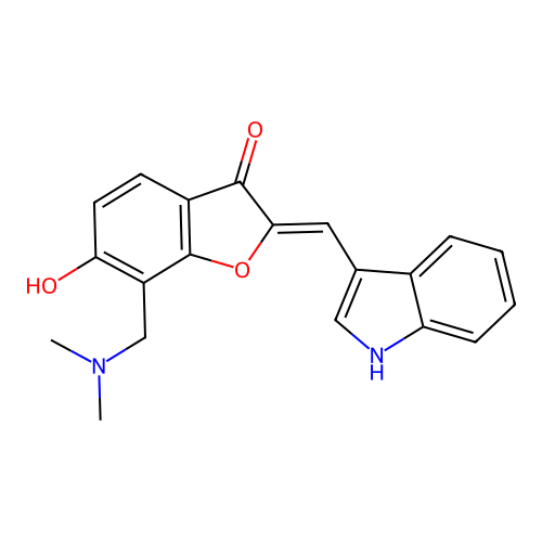 (Z)-2-((1H-indol-3-yl)methylene)-7-((dimethylamino)methyl)-6-hydroxybenzofuran-3(2H)-one structure