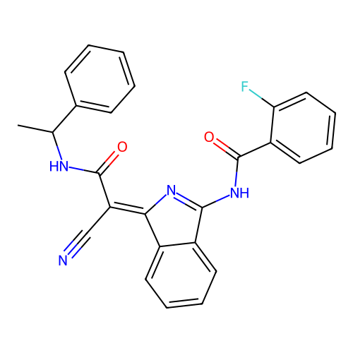 (Z)-N-(1-(1-cyano-2-oxo-2-((1-phenylethyl)amino)ethylidene)-1H-isoindol-3-yl)-2-fluorobenzamide structure