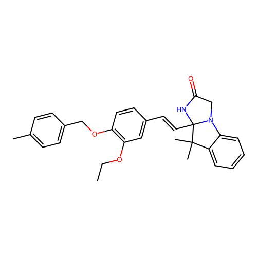 (E)-9a-(3-ethoxy-4-((4-methylbenzyl)oxy)styryl)-9,9-dimethyl-9,9a-dihydro-1H-imidazo[1,2-a]indol-2(3H)-one structure