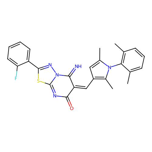 (E)-6-((1-(2,6-dimethylphenyl)-2,5-dimethyl-1H-pyrrol-3-yl)methylene)-2-(2-fluorophenyl)-5-imino-5H-[1,3,4]thiadiazolo[3,2-a]pyrimidin-7(6H)-one structure