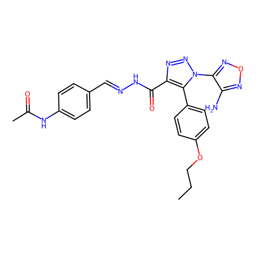(E)-N-(4-((2-(1-(4-amino-1,2,5-oxadiazol-3-yl)-5-(4-propoxyphenyl)-1H-1,2,3-triazole-4-carbonyl)hydrazono)methyl)phenyl)acetamide structure