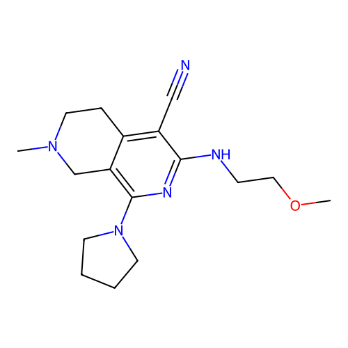 3-(2-methoxyethylamino)-7-methyl-1-pyrrolidin-1-yl-6,8-dihydro-5H-2,7-naphthyridine-4-carbonitrile structure