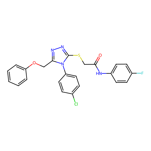 2-[[4-(4-chlorophenyl)-5-(phenoxymethyl)-1,2,4-triazol-3-yl]sulfanyl]-N-(4-fluorophenyl)acetamide structure