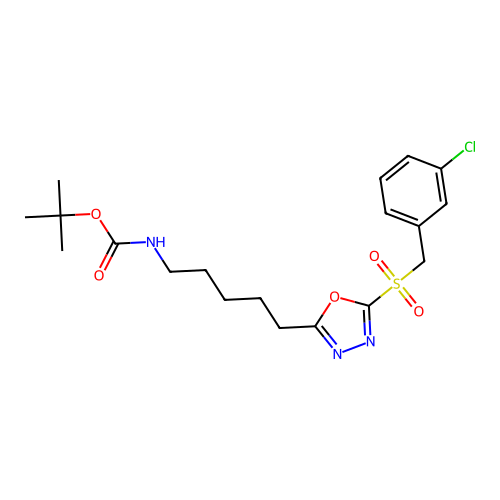 tert-butyl (5-(5-((3-chlorobenzyl)sulfonyl)-1,3,4-oxadiazol-2-yl)pentyl)carbamate structure