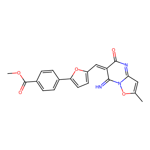 (E)-methyl 4-(5-((7-imino-2-methyl-5-oxo-5H-isoxazolo[2,3-a]pyrimidin-6(7H)-ylidene)methyl)furan-2-yl)benzoate structure