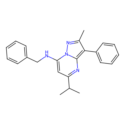 N-benzyl-2-methyl-3-phenyl-5-(propan-2-yl)pyrazolo[1,5-a]pyrimidin-7-amine structure