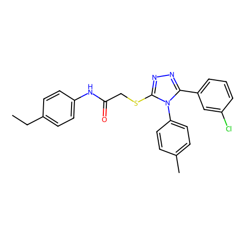 2-[[5-(3-chlorophenyl)-4-(4-methylphenyl)-1,2,4-triazol-3-yl]sulfanyl]-N-(4-ethylphenyl)acetamide structure