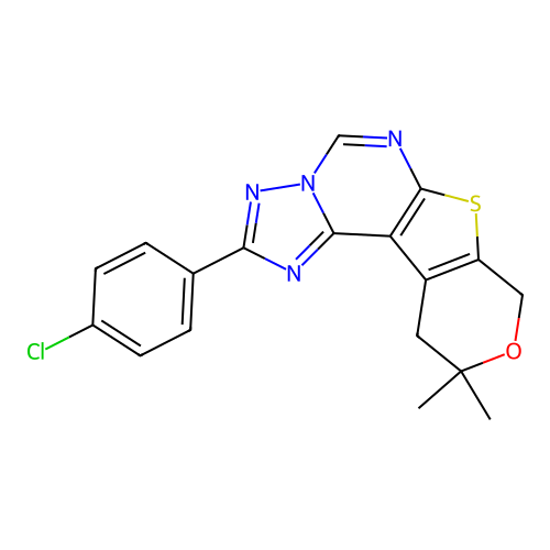 2-(4-chlorophenyl)-10,10-dimethyl-10,11-dihydro-8H-pyrano[4',3':4,5]thieno[3,2-e][1,2,4]triazolo[1,5-c]pyrimidine structure