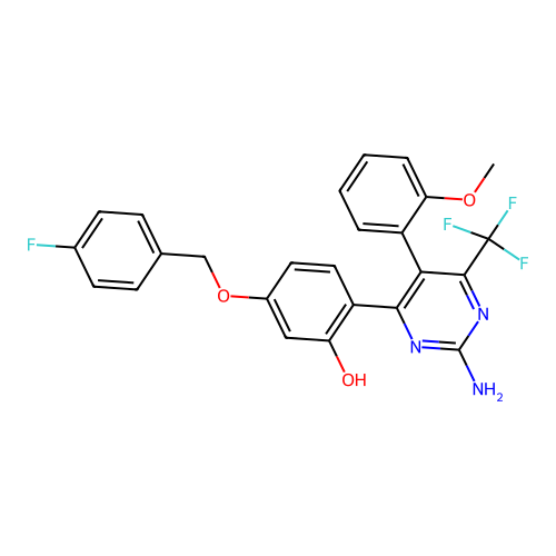 (6Z)-6-[2-amino-5-(2-methoxyphenyl)-6-(trifluoromethyl)-1H-pyrimidin-4-ylidene]-3-[(4-fluorophenyl)methoxy]cyclohexa-2,4-dien-1-one structure