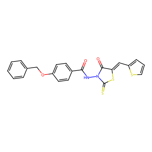(Z)-4-(benzyloxy)-N-(4-oxo-5-(thiophen-2-ylmethylene)-2-thioxothiazolidin-3-yl)benzamide structure