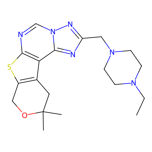 2-((4-ethylpiperazin-1-yl)methyl)-10,10-dimethyl-10,11-dihydro-8H-pyrano[4',3':4,5]thieno[3,2-e][1,2,4]triazolo[1,5-c]pyrimidine structure
