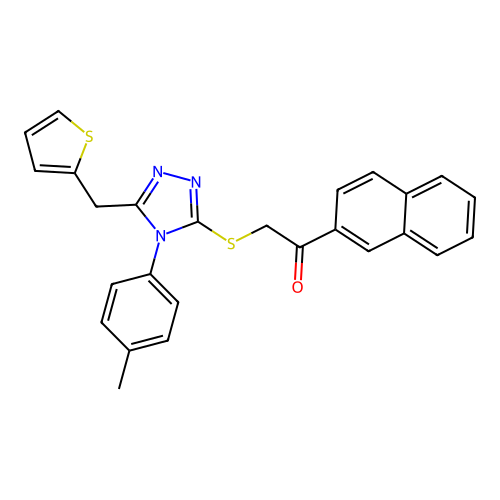 1-(naphthalen-2-yl)-2-((5-(thiophen-2-ylmethyl)-4-(p-tolyl)-4H-1,2,4-triazol-3-yl)thio)ethanone structure