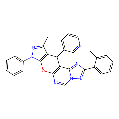 10-methyl-2-(2-methylphenyl)-8-phenyl-11-(pyridin-3-yl)-8,11-dihydropyrazolo[4',3':5,6]pyrano[3,2-e][1,2,4]triazolo[1,5-c]pyrimidine structure