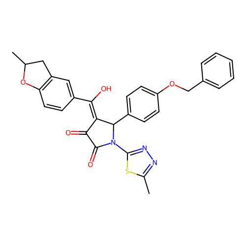 (4E)-4-[hydroxy-(2-methyl-2,3-dihydro-1-benzofuran-5-yl)methylidene]-1-(5-methyl-1,3,4-thiadiazol-2-yl)-5-(4-phenylmethoxyphenyl)pyrrolidine-2,3-dione structure