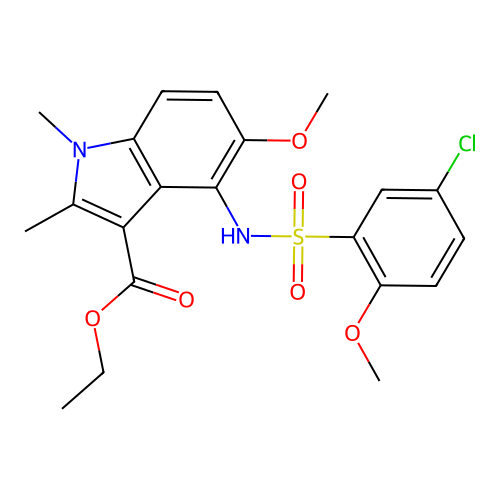 ethyl 4-(5-chloro-2-methoxyphenylsulfonamido)-5-methoxy-1,2-dimethyl-1H-indole-3-carboxylate structure
