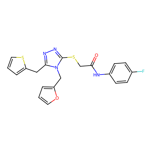 N-(4-fluorophenyl)-2-((4-(furan-2-ylmethyl)-5-(thiophen-2-ylmethyl)-4H-1,2,4-triazol-3-yl)thio)acetamide structure