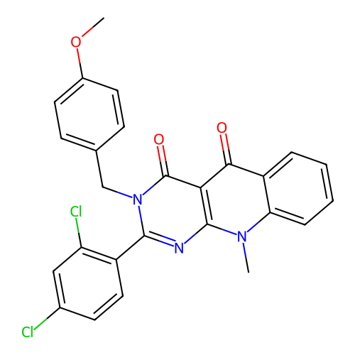 2-(2,4-dichlorophenyl)-3-(4-methoxybenzyl)-10-methylpyrimido[4,5-b]quinoline-4,5(3H,10H)-dione structure