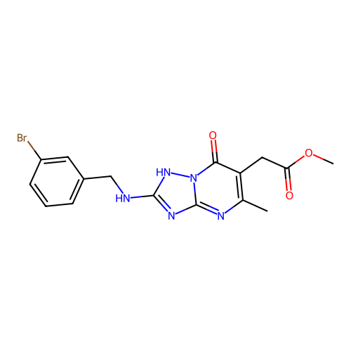 methyl 2-(2-((3-bromobenzyl)amino)-5-methyl-7-oxo-4,7-dihydro-[1,2,4]triazolo[1,5-a]pyrimidin-6-yl)acetate structure