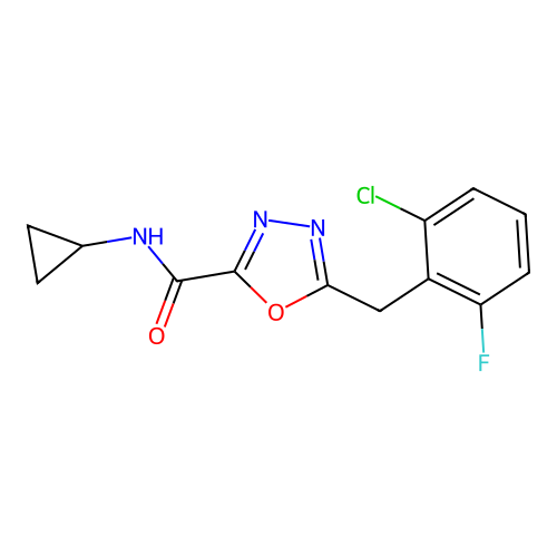 5-(2-chloro-6-fluorobenzyl)-N-cyclopropyl-1,3,4-oxadiazole-2-carboxamide structure