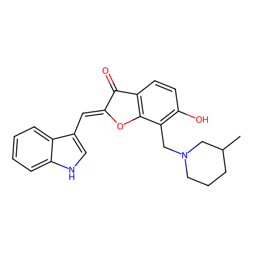 (2Z)-6-hydroxy-2-(1H-indol-3-ylmethylidene)-7-[(3-methylpiperidin-1-yl)methyl]-1-benzofuran-3(2H)-one structure