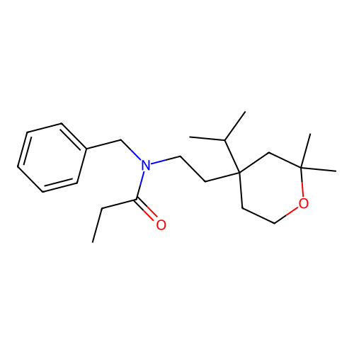 N-benzyl-N-{2-[2,2-dimethyl-4-(propan-2-yl)tetrahydro-2H-pyran-4-yl]ethyl}propanamide structure