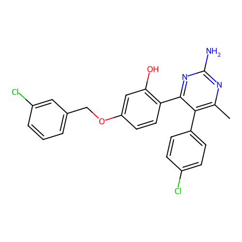 2-(2-amino-5-(4-chlorophenyl)-6-methylpyrimidin-4-yl)-5-((3-chlorobenzyl)oxy)phenol structure