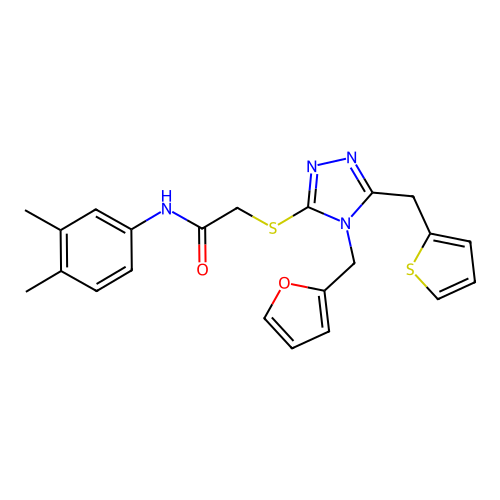 N-(3,4-dimethylphenyl)-2-((4-(furan-2-ylmethyl)-5-(thiophen-2-ylmethyl)-4H-1,2,4-triazol-3-yl)thio)acetamide structure