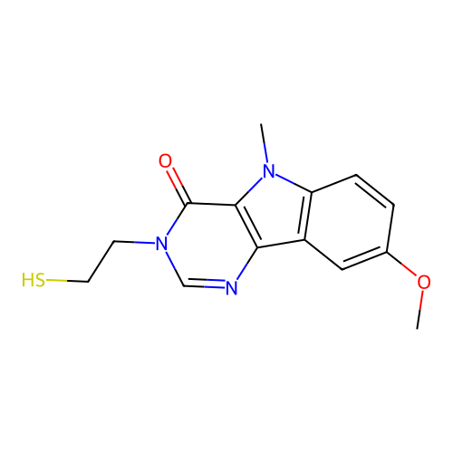8-methoxy-5-methyl-3-(2-sulfanylethyl)-3,5-dihydro-4H-pyrimido[5,4-b]indol-4-one structure