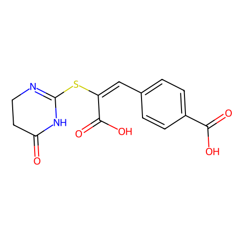 (E)-4-(2-carboxy-2-((4-oxo-1,4,5,6-tetrahydropyrimidin-2-yl)thio)vinyl)benzoic acid structure