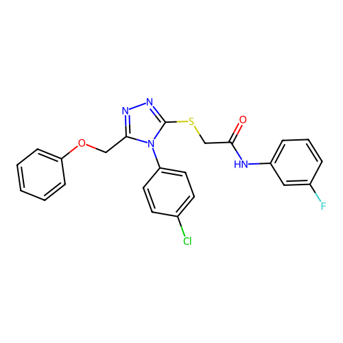 2-[[4-(4-chlorophenyl)-5-(phenoxymethyl)-1,2,4-triazol-3-yl]sulfanyl]-N-(3-fluorophenyl)acetamide structure
