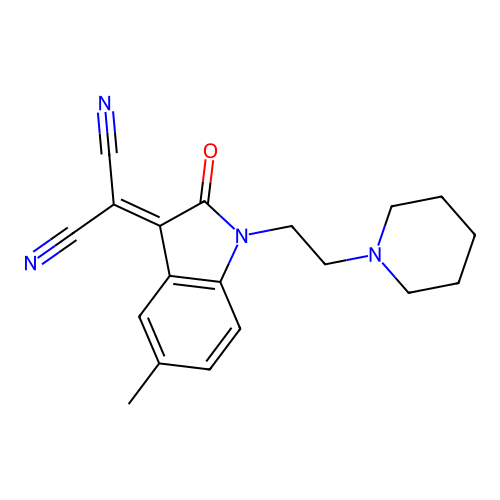 2-(5-methyl-2-oxo-1-(2-(piperidin-1-yl)ethyl)indolin-3-ylidene)malononitrile structure