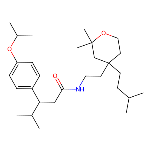 N-(2-(4-isopentyl-2,2-dimethyltetrahydro-2H-pyran-4-yl)ethyl)-3-(4-isopropoxyphenyl)-4-methylpentanamide structure