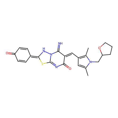 (Z)-6-((2,5-dimethyl-1-((tetrahydrofuran-2-yl)methyl)-1H-pyrrol-3-yl)methylene)-2-(4-hydroxyphenyl)-5-imino-5H-[1,3,4]thiadiazolo[3,2-a]pyrimidin-7(6H)-one structure