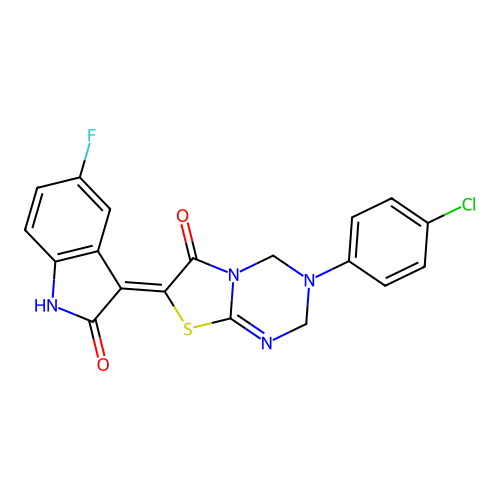 (Z)-3-(4-chlorophenyl)-7-(5-fluoro-2-oxoindolin-3-ylidene)-3,4-dihydro-2H-thiazolo[3,2-a][1,3,5]triazin-6(7H)-one structure