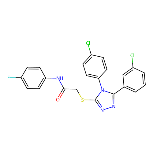 2-[[5-(3-chlorophenyl)-4-(4-chlorophenyl)-1,2,4-triazol-3-yl]sulfanyl]-N-(4-fluorophenyl)acetamide structure