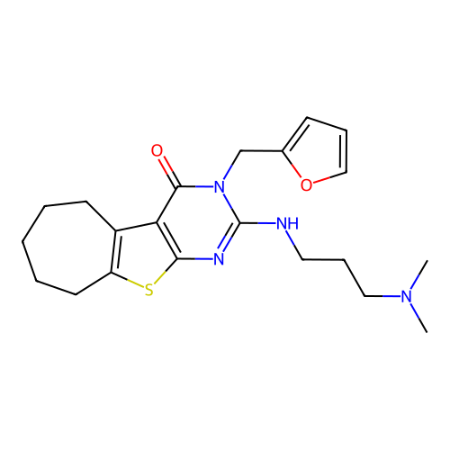 2-((3-(dimethylamino)propyl)amino)-3-(furan-2-ylmethyl)-6,7,8,9-tetrahydro-3H-cyclohepta[4,5]thieno[2,3-d]pyrimidin-4(5H)-one structure