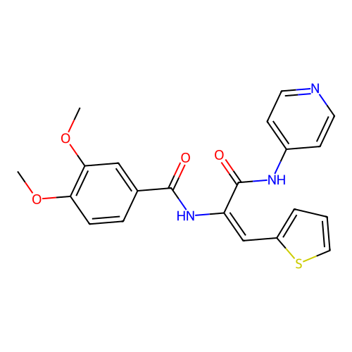 3,4-dimethoxy-N-[(E)-3-oxo-3-(pyridin-4-ylamino)-1-thiophen-2-ylprop-1-en-2-yl]benzamide structure