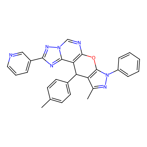 10-methyl-11-(4-methylphenyl)-8-phenyl-2-(pyridin-3-yl)-8,11-dihydropyrazolo[4',3':5,6]pyrano[3,2-e][1,2,4]triazolo[1,5-c]pyrimidine structure