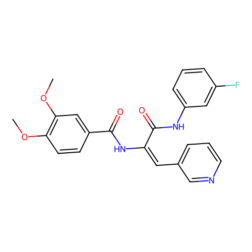 N-[(E)-3-(3-fluoroanilino)-3-oxo-1-pyridin-3-ylprop-1-en-2-yl]-3,4-dimethoxybenzamide structure
