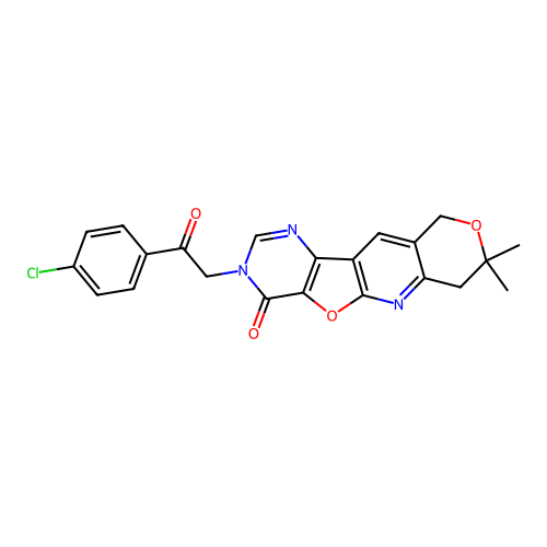 3-[2-(4-chlorophenyl)-2-oxoethyl]-8,8-dimethyl-7,10-dihydro-8H-pyrano[3'',4'':5',6']pyrido[3',2':4,5]furo[3,2-d]pyrimidin-4(3H)-one structure