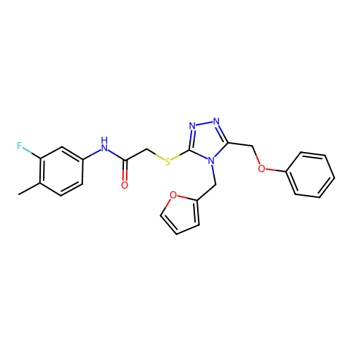 N-(3-fluoro-4-methylphenyl)-2-{[4-(furan-2-ylmethyl)-5-(phenoxymethyl)-4H-1,2,4-triazol-3-yl]sulfanyl}acetamide structure