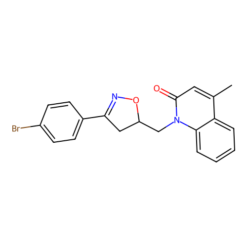 1-((3-(4-bromophenyl)-4,5-dihydroisoxazol-5-yl)methyl)-4-methylquinolin-2(1H)-one structure