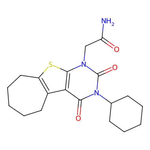 2-(3-cyclohexyl-2,4-dioxo-2,3,4,5,6,7,8,9-octahydro-1H-cyclohepta[4,5]thieno[2,3-d]pyrimidin-1-yl)acetamide structure