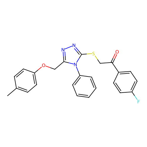 1-(4-fluorophenyl)-2-[[5-[(4-methylphenoxy)methyl]-4-phenyl-1,2,4-triazol-3-yl]sulfanyl]ethanone structure