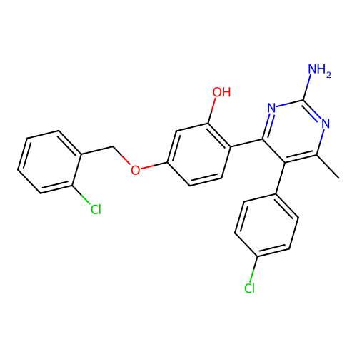 2-(2-amino-5-(4-chlorophenyl)-6-methylpyrimidin-4-yl)-5-((2-chlorobenzyl)oxy)phenol structure