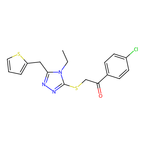 1-(4-chlorophenyl)-2-[4-ethyl-5-(2-thienylmethyl)(1,2,4-triazol-3-ylthio)]etha n-1-one structure