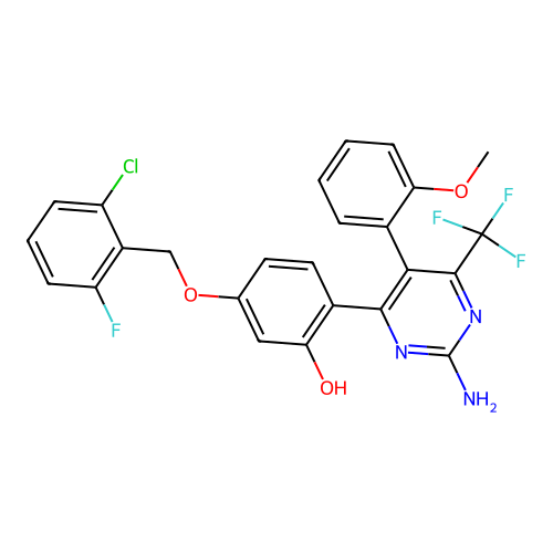 2-[2-amino-5-(2-methoxyphenyl)-6-(trifluoromethyl)-4-pyrimidinyl]-5-[(2-chloro-6-fluorobenzyl)oxy]phenol structure