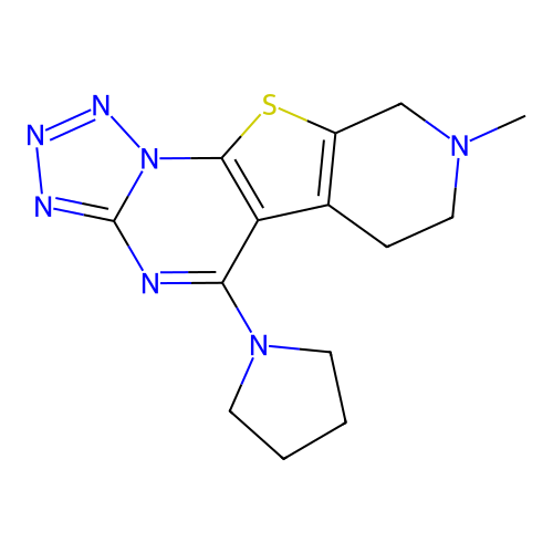 8-methyl-5-(pyrrolidin-1-yl)-6,7,8,9-tetrahydropyrido[4',3':4,5]thieno[3,2-e]tetrazolo[1,5-a]pyrimidine structure