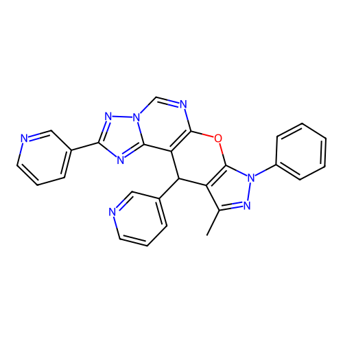10-methyl-8-phenyl-2,11-di(pyridin-3-yl)-8,11-dihydropyrazolo[4',3':5,6]pyrano[3,2-e][1,2,4]triazolo[1,5-c]pyrimidine structure