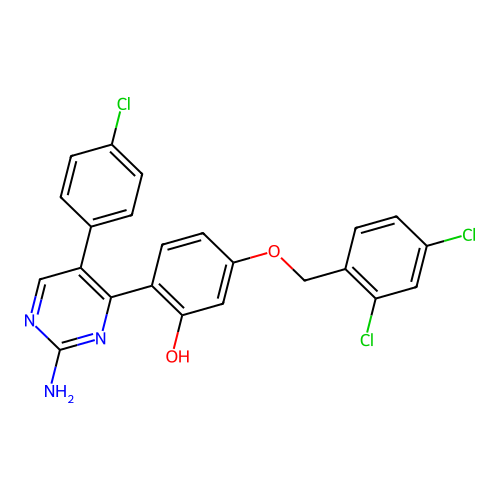 2-(2-Amino-5-(4-chlorophenyl)pyrimidin-4-yl)-5-((2,4-dichlorobenzyl)oxy)phenol structure